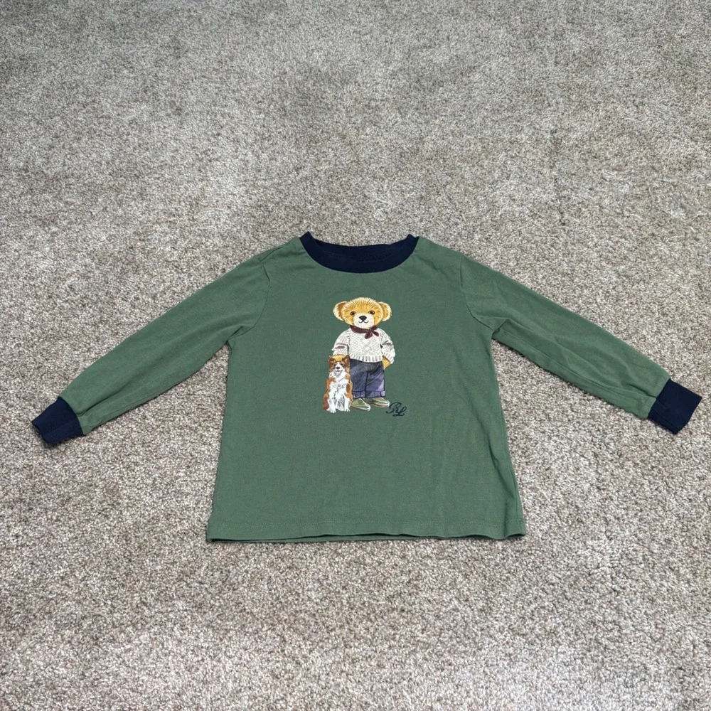 Ralph Lauren Polo Bear Shirt Dog Graphic Tee Kid Size 24M Long Sleeve Green Baby